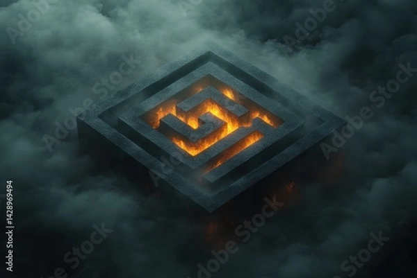 Fototapeta Dark, ominous cube of fire, enveloped in shadow and mystery