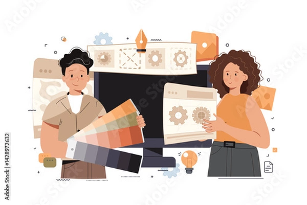 Fototapeta Web design concept with cartoon people design. Man and woman programming and creating site layout with content organization, elements placement. Flat vector illustration isolated on white background