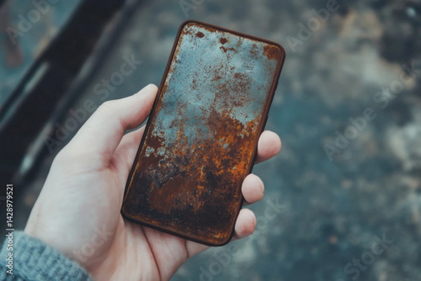 Obraz Rusty smartphone in hand depicting decay and neglect in urban setting