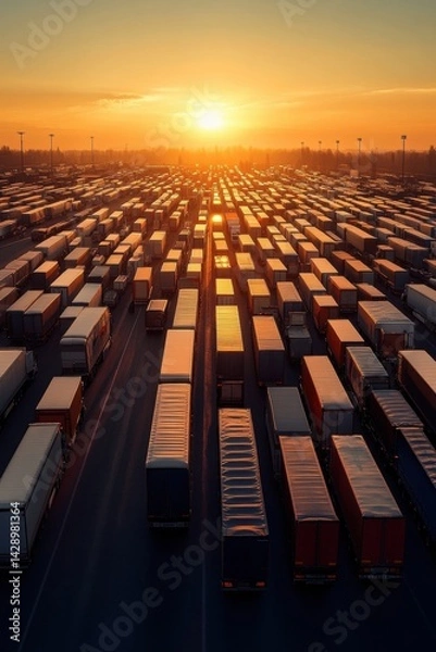 Fototapeta Sunset on rows of cargo containers