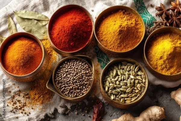 Obraz An overhead shot showcases an assortment of aromatic spices in golden bowls, arranged artfully on a textured cloth surface, creating a vibrant and flavorful culinary scene.
