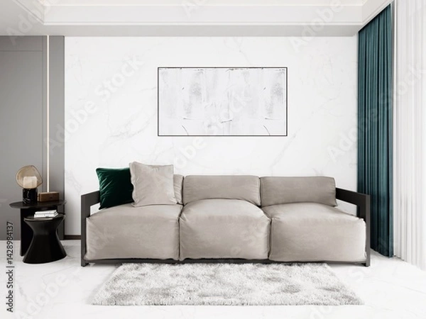 Fototapeta Mock up of a modern living room with a large comfortable sofa and stylish decorative background, 3D rendering.