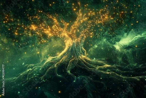 Fototapeta Surreal glowing tree with neural roots and radiant branches symbolizing memory, family ties, thought, and universal consciousness in a futuristic organic form.