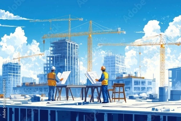 Fototapeta Construction workers at work site