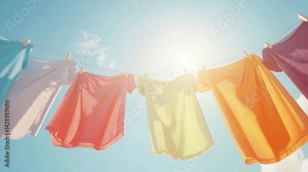 Obraz Colorful clothes drying on a clothesline under a bright sky (1)
