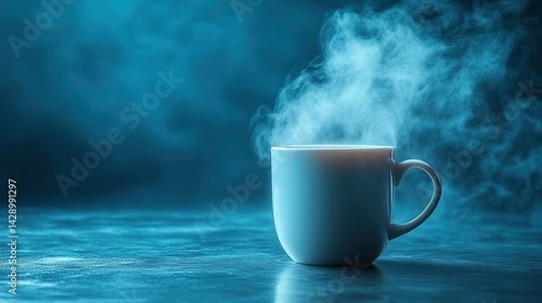 Fototapeta Creating a surreal and captivating scene with potential for conceptual interpretations, a white mug is levitating and steaming against a minimal background.