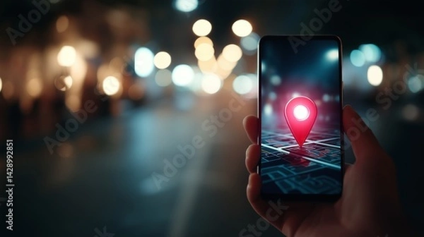 Fototapeta Person using mobile phone with location pin on map app, navigating in urban area at night
