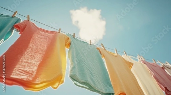 Fototapeta Colorful clothes drying on a clothesline under a bright sky