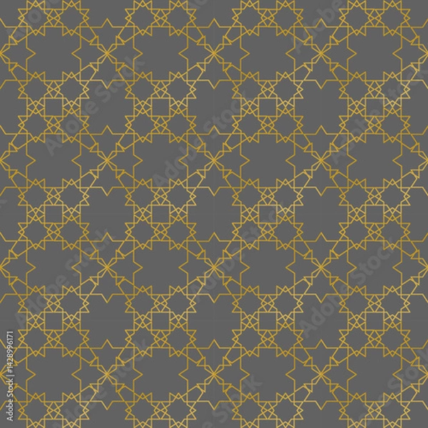 Fototapeta Seamless Islamic geometric pattern vector with traditional Arabic design. Featuring interlocking yellow lines and symmetrical structure. Ideal for backgrounds, wallpapers, textile prints, tiles,