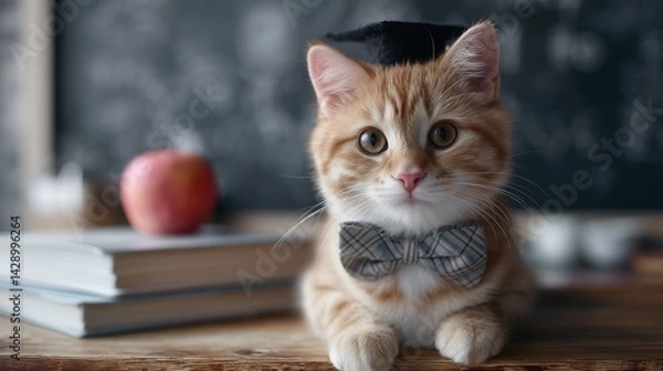 Fototapeta Smart ginger cat wearing graduation hat and bow tie is lying on desk with books and red apple in front of blackboard