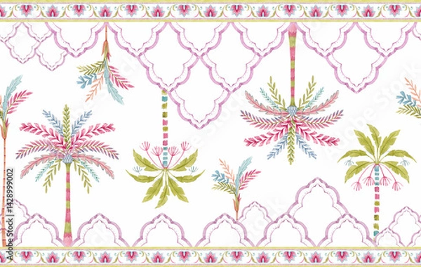 Fototapeta Seamless Multicolored Watercolor Moroccan Pattern with Stylized Palm Trees and Geometric Texture , Creative Repeat Modern Pattern with Ornamental Design