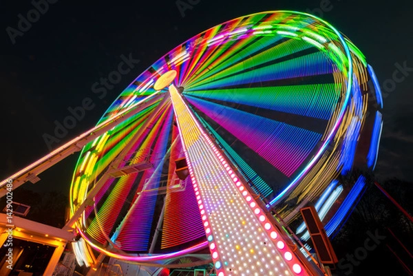 Obraz Colorfully illuminated Ferris wheel at a funfair in Germany at night. Atmospheric long exposure with motion blur. Light traces of the rotating carousel from extreme wide angle frog's perspective. 