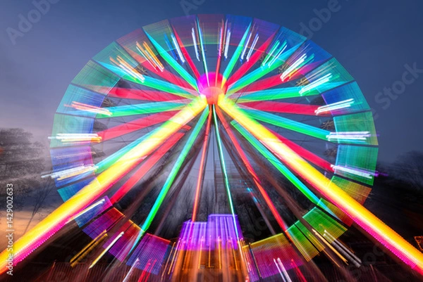 Obraz Colorfully illuminated Ferris wheel at a funfair in Germany at dusk. Atmospheric long exposure with zoom effect and motion blur. Light traces of the carousel from the symmetric frog's perspective.