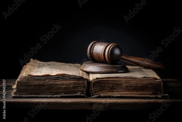 Fototapeta Gavel and Ancient Book on Wooden Table