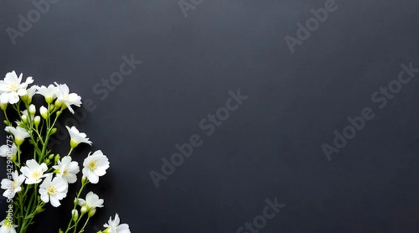 Fototapeta white gypsophila flowers on chalkboard background flat lay top view