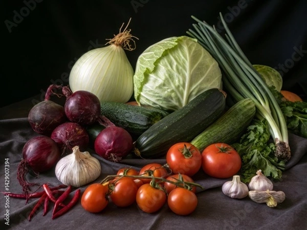 Obraz Detailed artistic photo of vegetables on a dark background emphasizing their natural beauty and texture