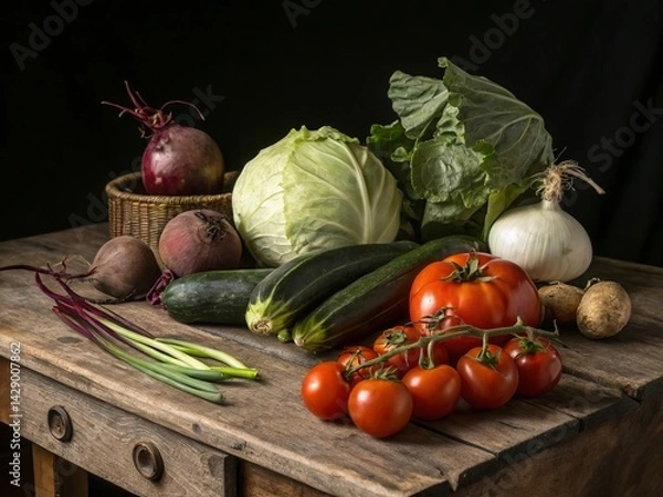 Obraz Artistic still life with everyday vegetables on a deep dark background demonstrating classical aesthetics and detail
