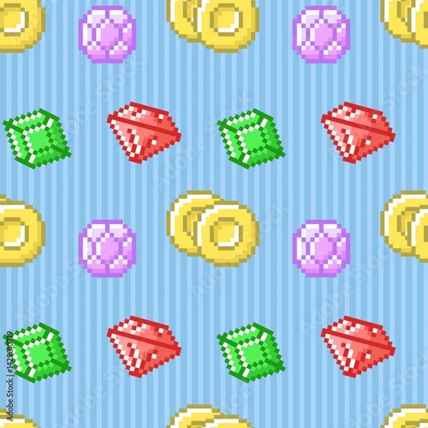 Fototapeta Seamless game pattern of gemstones of different colors in pixel style on blue background