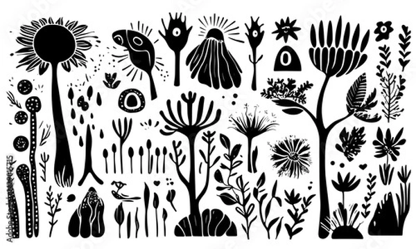 Fototapeta Set of black and white vector surreal contemporary minimal linocut style nature. Hand drawing minimal symbols and nature.