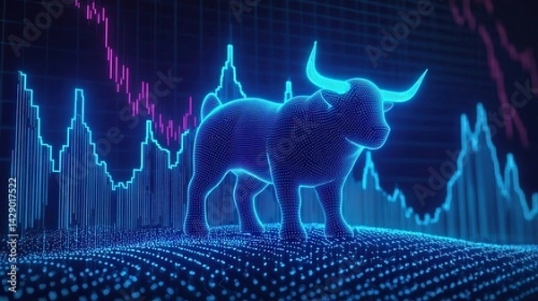 Fototapeta Cryptocurrency bullish up trend bull market Bull statue over digital trading graphs in blue tones.