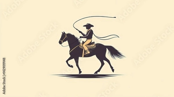 Fototapeta The iconic art of a cowboy showing off his skills while riding a horse wearing his cowboy hat and running across the vast desert.