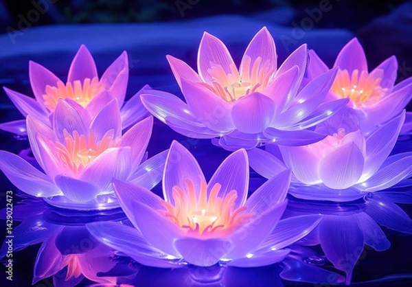 Obraz Glowing purple lotus flowers illuminate serene pond, creating tranquil atmosphere