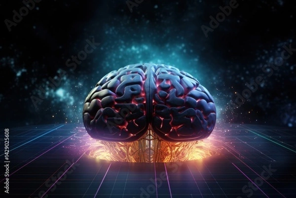 Fototapeta Neon brain on futuristic grid background
