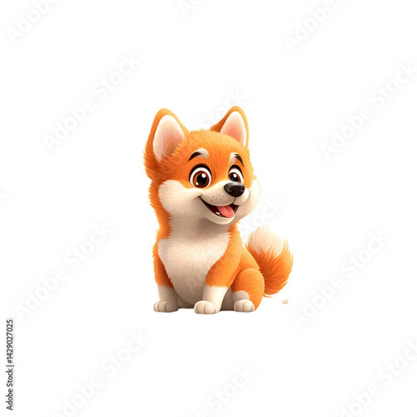 Fototapeta A friendly cartoon style dog with a warm cheerful expression and a fluffy orange coat sits on a white background exuding a playful endearing presence