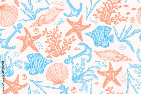 Fototapeta Seamless pattern with sea creatures. Endless underwater life  background. Fish, sea shell, corals, starfish. Ocean wallpaper, wall art, fabric print. Summer vacation. Coral reef vector illustration.