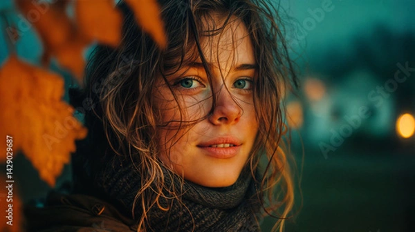Obraz The image shows a person wearing a scarf, with orange leaves in the foreground and blurred lights in the background, suggesting an outdoor setting, possibly in autumn