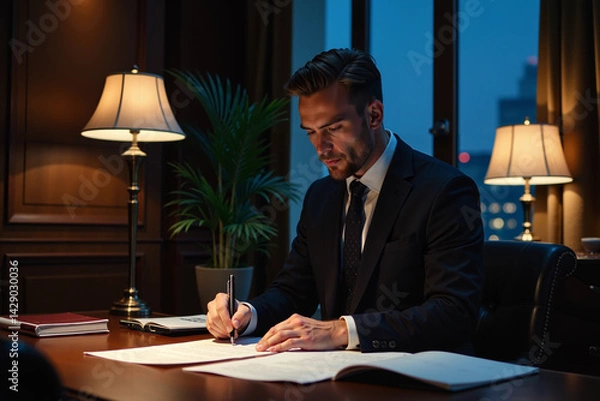 Obraz A man dressed in a smart black suit studies paperwork under the soft light of floor lamps.