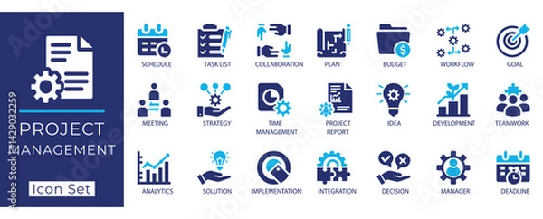 Fototapeta Flat vector project management icon set.Featuring task list, time management, strategy, teamwork, analytics, planning, deadline & integration icons.