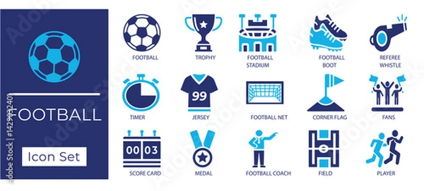 Fototapeta Flat vector football icon set. including football, stadium, boot, jersey, coach, player, net, field, scorecard, whistle, timer, fans, and trophy icons.