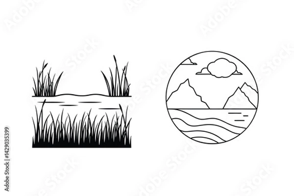 Obraz Minimalist Vector Landscape Illustrations With Grass Lake Mountains And Clouds Set