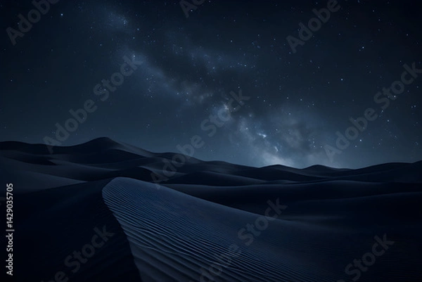 Obraz A captivating view of rolling sand dunes, illuminated by a starry sky, with the Milky Way stretching into the night. A peaceful landscape evoking peace and wonder.