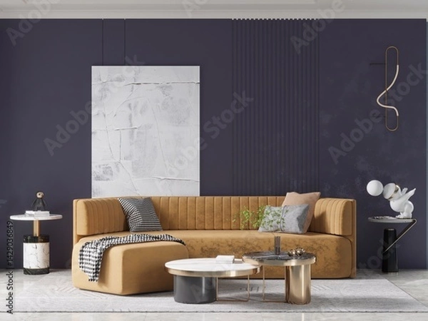 Fototapeta Mock up of a fashionable living room with an original comfortable sofa and an interesting decorative background, 3D rendering.
