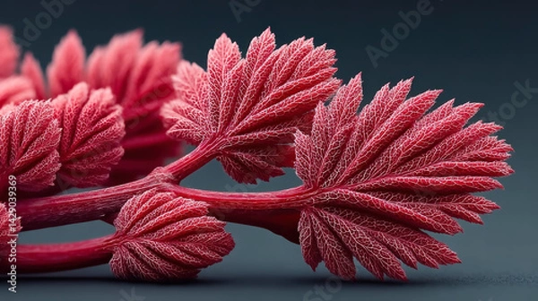 Obraz Close-up of red veined leaves with intricate texture on dark background