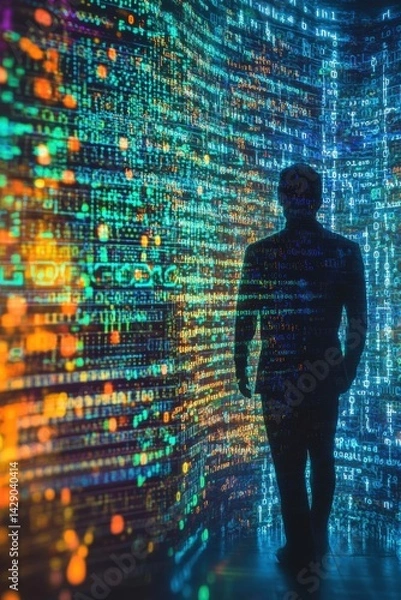 Fototapeta Person walking through colorful digital grid