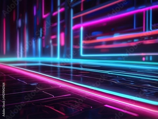 Fototapeta Bright Neon Arrows and Laser Stripes in a Shiny Cyber Technology Design