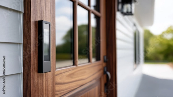 Fototapeta modern wooden door features sleek embedded smart display, enhancing entryway functionality and style