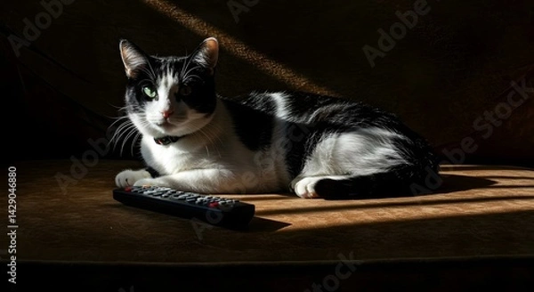 Fototapeta Cat on a sofa with a TV remote