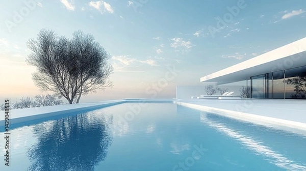 Obraz Modern villa pool, sunset view, tranquil landscape, architectural design, real estate