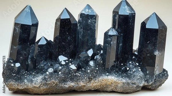 Fototapeta Jet black crystals jut out from a ridge of shimmering mica