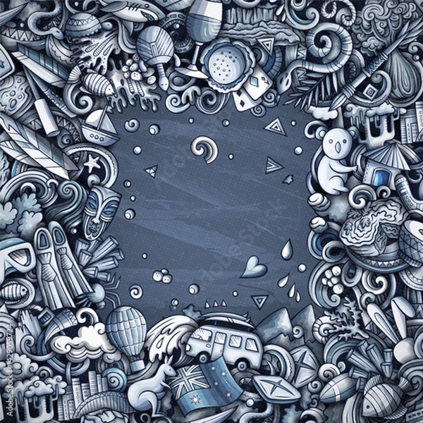 Obraz Australia cartoon doodle border illustration. Funny Australian frame design. Creative vector background with Oceania Country elements and objects. Monochrome composition