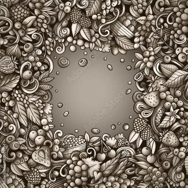 Obraz Berry Fruits cartoon vector doodles frame illustration. Nature food elements and objects background. Monochrome funny picture. All items are separated