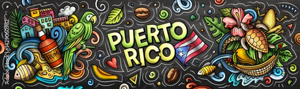 Obraz Puerto Rico cartoon doodle vector color banner chalkboard design. Funny Puerto Rican whimsical illustration. Caribbean tropical elements in a vibrant, playful style