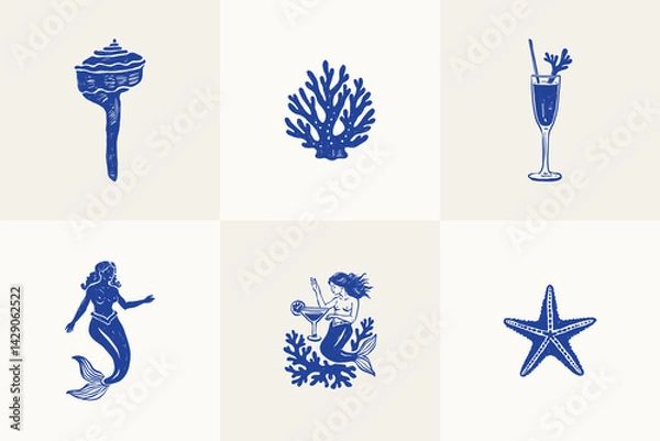 Obraz Collection of ocean and sea-themed vector illustrations. Includes waves, marine animals, shells, boats, and underwater elements. Perfect for summer designs and nature projects.