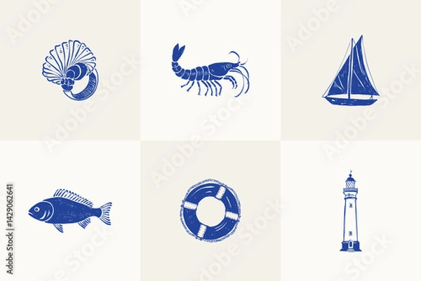 Obraz Collection of ocean and sea-themed vector illustrations. Includes waves, marine animals, shells, boats, and underwater elements. Perfect for summer designs and nature projects.