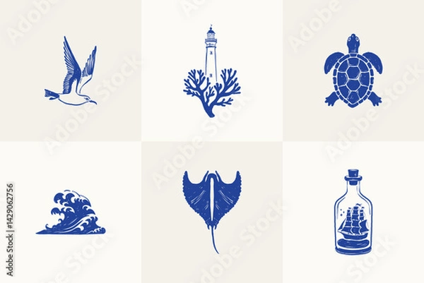 Obraz Collection of ocean and sea-themed vector illustrations. Includes waves, marine animals, shells, boats, and underwater elements. Perfect for summer designs and nature projects.
