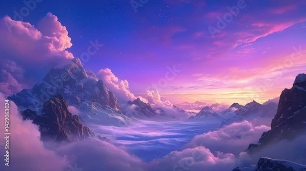 Fototapeta A breathtaking mountain landscape illuminated by a vibrant sunrise, surrounded by clouds and showcasing stunning natural beauty.